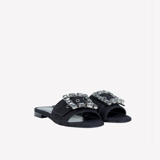 Slider flat in jeans nero con accessorio strass in tinta fade - Sabot e Slides Donna | Roberto Festa