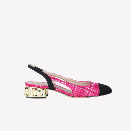 slingback in tweed cherry con punta nera e tacco catena oro aurelia - Scarpe Donna: Calzature eleganti