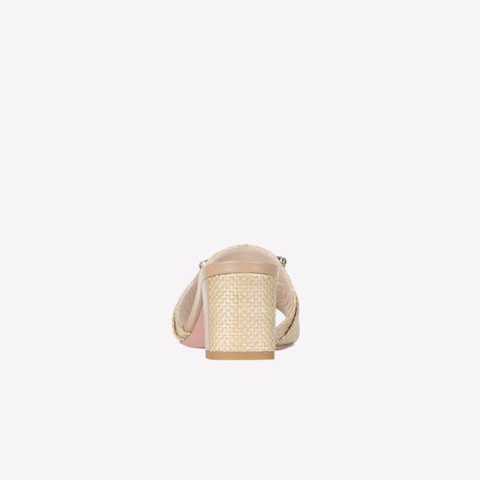 sandalo slider in raffia cammello con accessorio strass in tinta basa - Beige | Roberto Festa