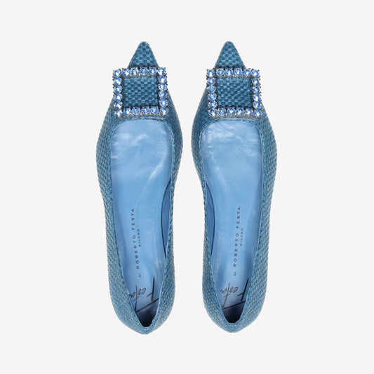 ballerina flat in raffia jeans con accessorio strass in tinta amaia - Azzurro | Roberto Festa