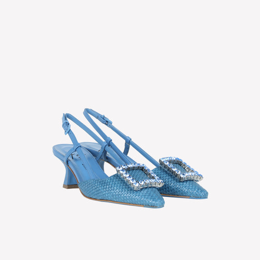 slingback in raffia jeans con accessorio strass in tinta stefy - Azzurro | Roberto Festa