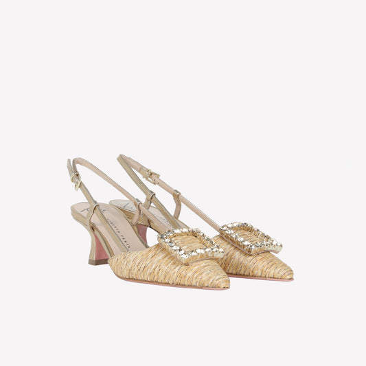 slingback in raffia lux noce con accessorio strass in tinta stefy - Beige | Roberto Festa