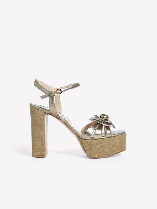 SANDALO IN PELLE LAMINATA TITANIO  CON PLATEAU E TACCO ALTO IN CANVAS IUTA E ACCESSORIO FIORE ABEBA - Scarpe da Cerimonia | Roberto Festa