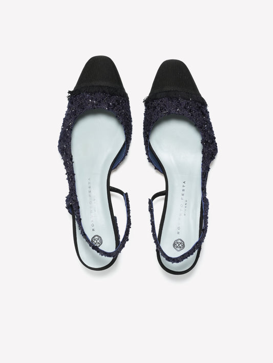 SLINGBACK IN TWEED BLU NAVY CON PUNTINA SFRANGIATA IN GROS GRAIN NERO ACANTO - Blu navy | Roberto Festa