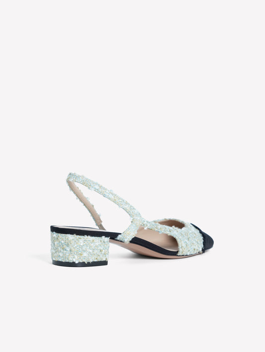 SLINGBACK IN TWEED AZZURRO CON PUNTINA SFRANGIATA IN GROS GRAIN NERO ACANTO - Azzurro | Roberto Festa
