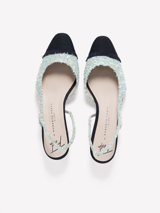 SLINGBACK IN TWEED AZZURRO CON PUNTINA SFRANGIATA IN GROS GRAIN NERO ACANTO - Azzurro | Roberto Festa