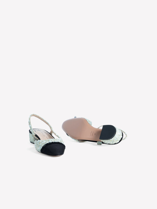 SLINGBACK IN TWEED AZZURRO CON PUNTINA SFRANGIATA IN GROS GRAIN NERO ACANTO - Azzurro | Roberto Festa