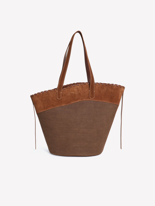 BORSA A SPALLA IN TESSUTO CANVAS MARRONE CON BORDO ASIMMETRICO IN CROSTA MARRONE ADELINA - Scarpe Donna: Calzature eleganti