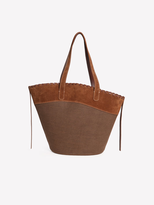 BORSA A SPALLA IN TESSUTO CANVAS MARRONE CON BORDO ASIMMETRICO IN CROSTA MARRONE ADELINA - Scarpe Donna: Calzature eleganti