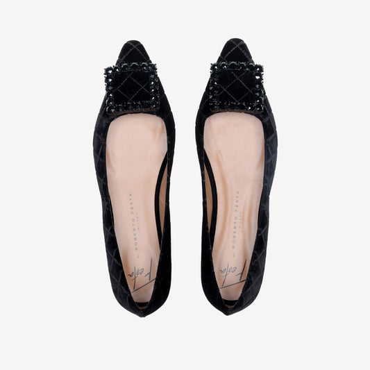 BALLERINA IN VELLUTO CON STAMPA MATELASSE' CON FIBBIA QUADRA IN STRASS CRYSTAL AMAIA - Nero | Roberto Festa