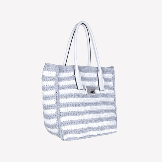 BORSA IN RAFFIA BIANCA BICOLORE INTRECCIATA A MANO CON MANICO IN PELLE ANTIBES - Prodotti | Roberto Festa
