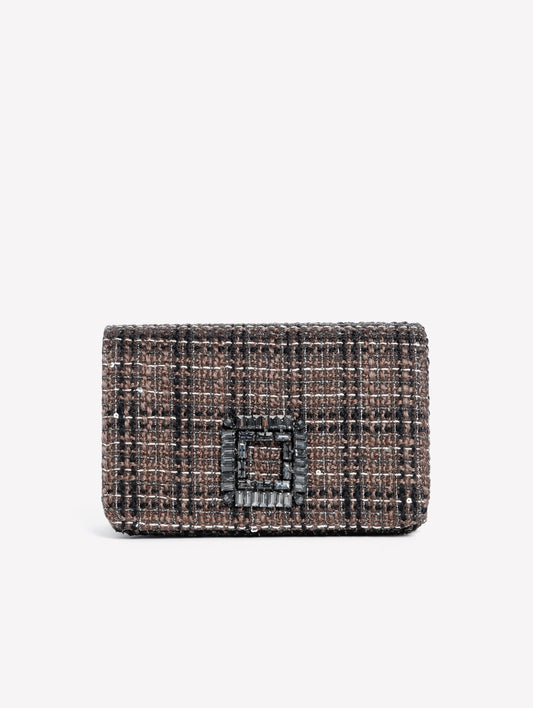 BORSA A SPALLA IN TWEED TRICOLORE CON FIBBIA STRASS ANZALEA - Taupe nero e bianco | Roberto Festa