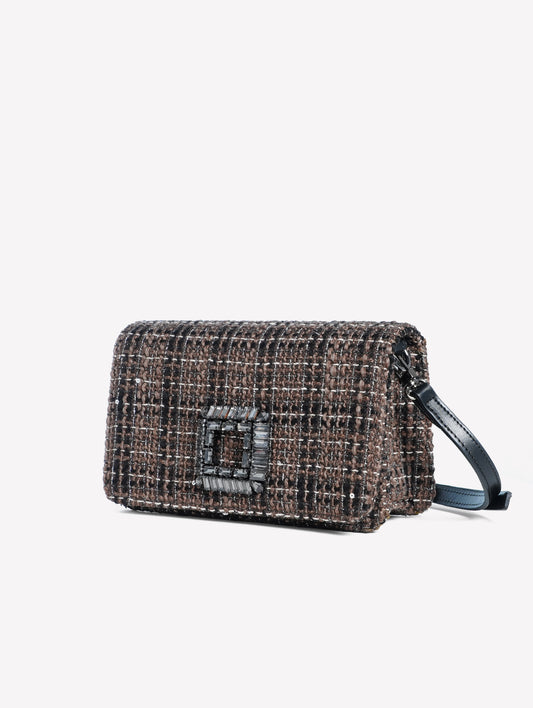 BORSA A SPALLA IN TWEED TRICOLORE CON FIBBIA STRASS ANZALEA - Taupe nero e bianco | Roberto Festa