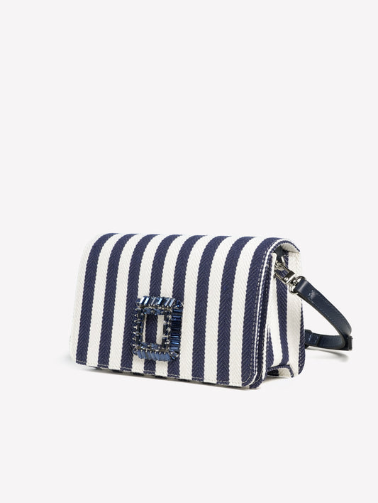 BORSA A SPALLA IN TESSUTO RIGATO BIANCO E BLU NAVY CON FIBBIA STRASS QUADRATA ANZALEA - Blu | Roberto Festa