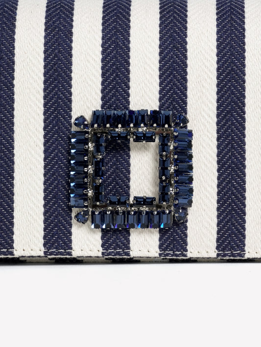 BORSA A SPALLA IN TESSUTO RIGATO BIANCO E BLU NAVY CON FIBBIA STRASS QUADRATA ANZALEA - Blu | Roberto Festa