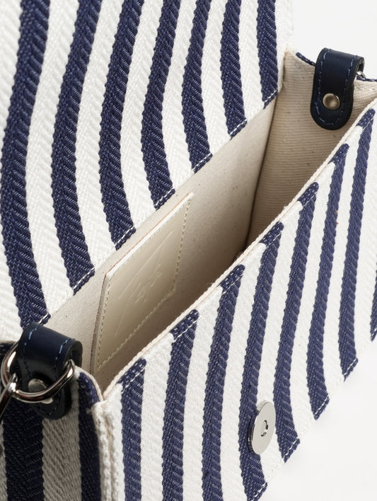 BORSA A SPALLA IN TESSUTO RIGATO BIANCO E BLU NAVY CON FIBBIA STRASS QUADRATA ANZALEA - Blu | Roberto Festa