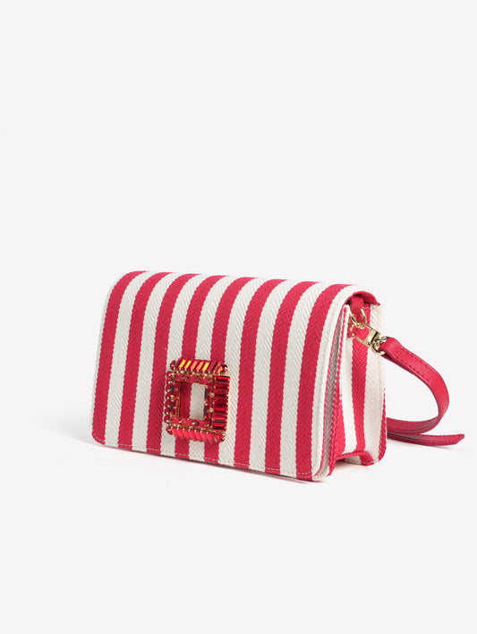 BORSA A SPALLA IN TESSUTO RIGATO BIANCO E ROSSO CON FIBBIA STRASS QUADRATA ANZALEA - rosso | Roberto Festa