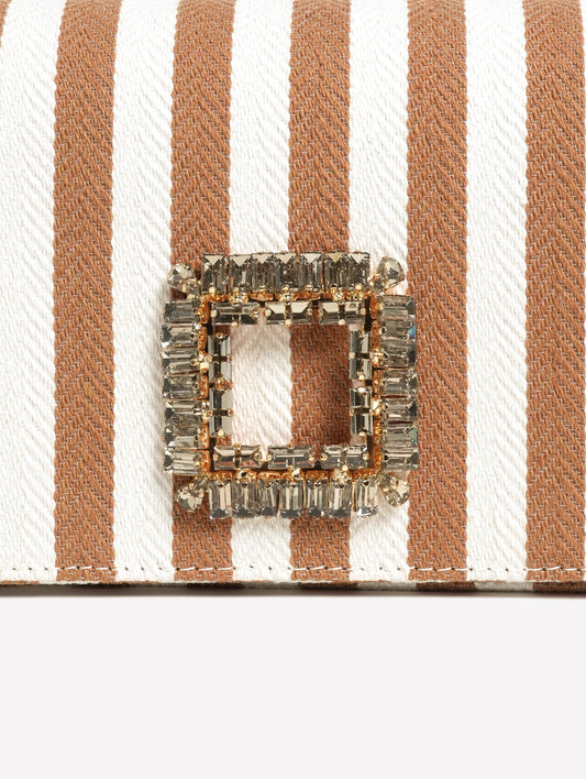 BORSA A SPALLA IN TESSUTO RIGATO BIANCO E SAND CON FIBBIA STRASS QUADRATA ANZALEA - bianco_beige | Roberto Festa
