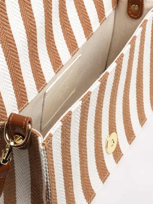 BORSA A SPALLA IN TESSUTO RIGATO BIANCO E SAND CON FIBBIA STRASS QUADRATA ANZALEA - bianco_beige | Roberto Festa