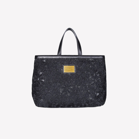 BORSA A SPALLA IN TESSUTO MACRAME' CON BORDI E TRACOLLA IN PELLE NERA ASSIA - Prodotti | Roberto Festa