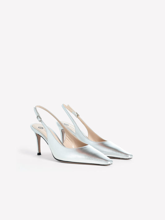 SLINGBACK IN PELLE LAMINATA ARGENTO CON TACCO MEDIO ATLANTE - Scarpe Donna: Calzature eleganti