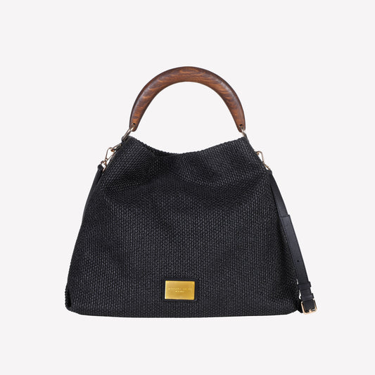 borsa a spalla in raffia nera con manico in legno bianca - Nero | Roberto Festa