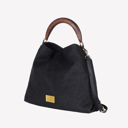 borsa a spalla in raffia nera con manico in legno bianca - Nero | Roberto Festa