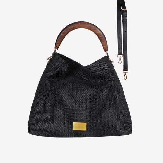 borsa a spalla in raffia nera con manico in legno bianca - Nero | Roberto Festa
