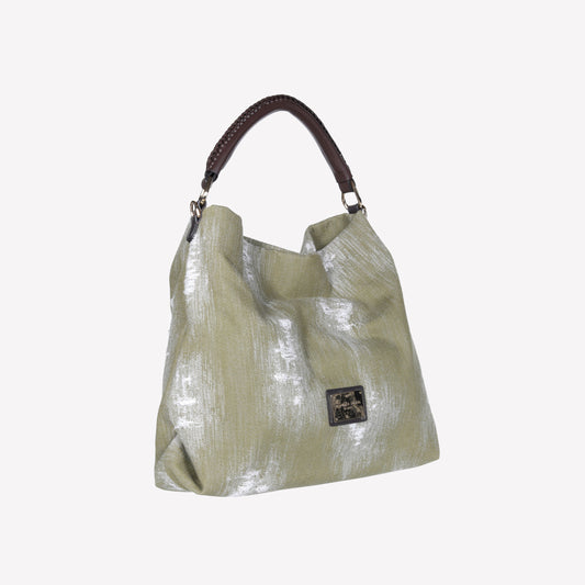 BORSA TOTE IN JEANS MILITARE CON MANICI E TRACOLLA IN PELLE CASTANO BIANCA - Verde | Roberto Festa