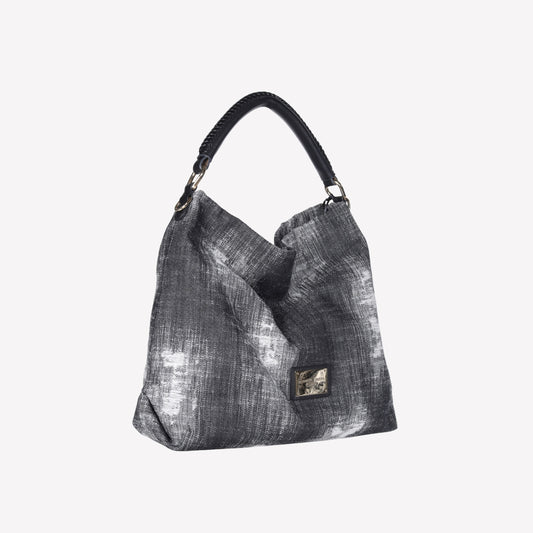 BORSA TOTE IN JEANS NERO CON MANICI E TRACOLLA IN PELLE NERA BIANCA - Nero | Roberto Festa