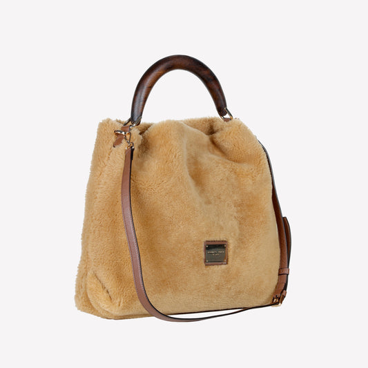 BORSA A SPALLA IN MONTONE COLOR TEDDY CON MANICO IN LEGNO NOCE BIANCA - Marrone | Roberto Festa
