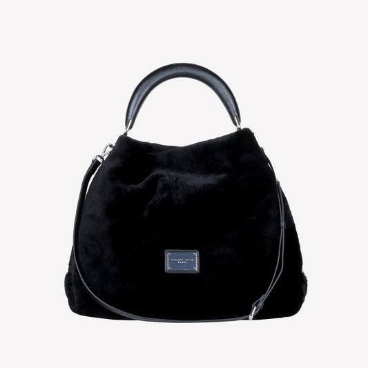 BORSA A SPALLA IN MONTONE EFFETTO VISONE COLOR NERO CON MANICO IN LEGNO NERO BIANCA - Nero | Roberto Festa