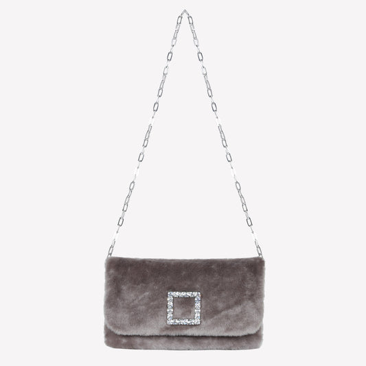 BORSA CLUTCH IN MONTONE EFFETTO VISONE NUTRIA CON FIBBIA QUADRA COLOR SILVER CON CRISTALLI CAPRILUX - Grigio | Roberto Festa