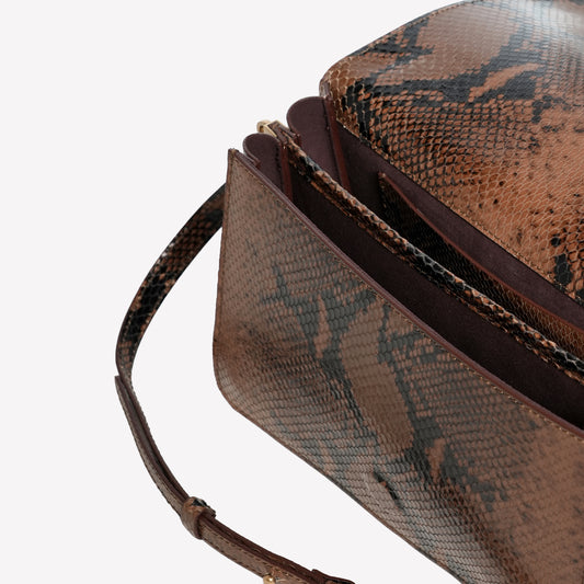 BORSA A SPALLA IN PELLE DI AGNELLO CON STAMPA PITONE CLIZIA - Marrone | Roberto Festa