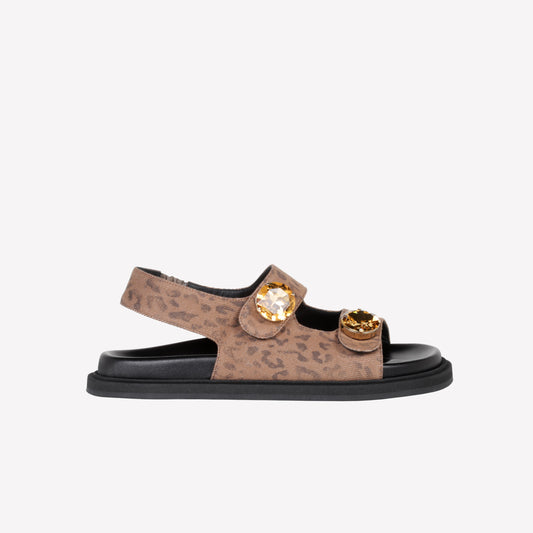 SANDALO IN JEANS LEOPARD CON DOPPIA FASCIA E BOTTONI DI CRISTALLO BETULLA - Prodotti | Roberto Festa