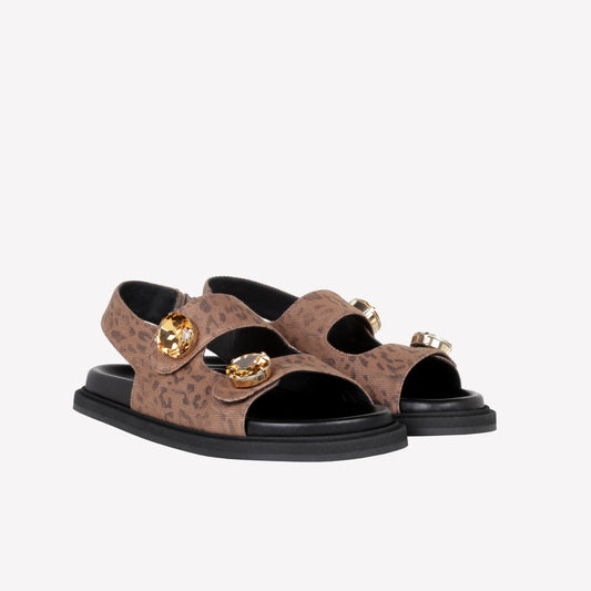 SANDALO IN JEANS LEOPARD CON DOPPIA FASCIA E BOTTONI DI CRISTALLO BETULLA - Prodotti | Roberto Festa