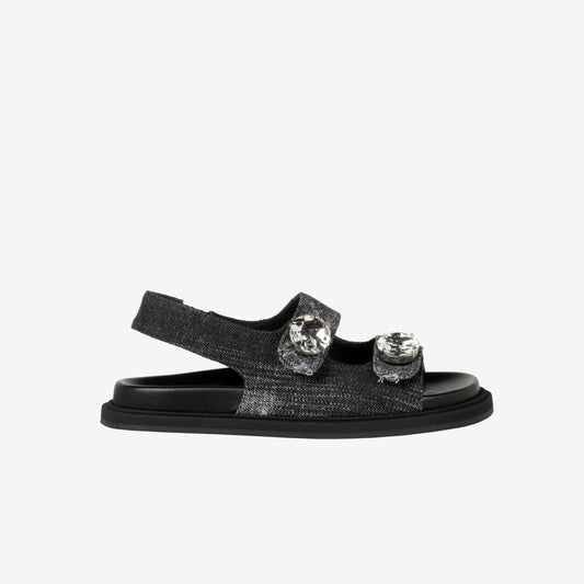 SANDALO IN JEANS NERO CON DOPPIA FASCIA E BOTTONI DI CRISTALLO BETULLA - Nero | Roberto Festa