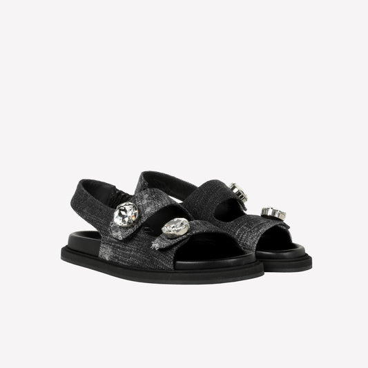 SANDALO IN JEANS NERO CON DOPPIA FASCIA E BOTTONI DI CRISTALLO BETULLA - Nero | Roberto Festa