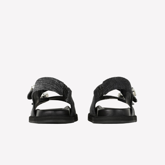 SANDALO IN JEANS NERO CON DOPPIA FASCIA E BOTTONI DI CRISTALLO BETULLA - Nero | Roberto Festa