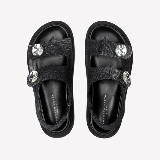 SANDALO IN JEANS NERO CON DOPPIA FASCIA E BOTTONI DI CRISTALLO BETULLA - Nero | Roberto Festa