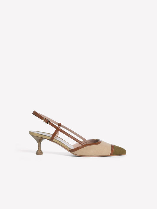 SLINGBACK IN TESSUTO CANVAS A DUE COLORAZIONI CON TACCO BASSO STAMPA EFFETTO LEGNO DELFINA - Scarpe Donna: Calzature eleganti