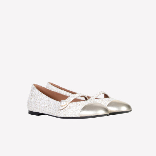 BALLERINA MARY JANE IN BOUCLÉ CON PUNTALE IN PELLE DIVY - Bianco | Roberto Festa