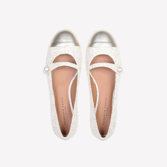 BALLERINA MARY JANE IN BOUCLÉ CON PUNTALE IN PELLE DIVY - Bianco | Roberto Festa