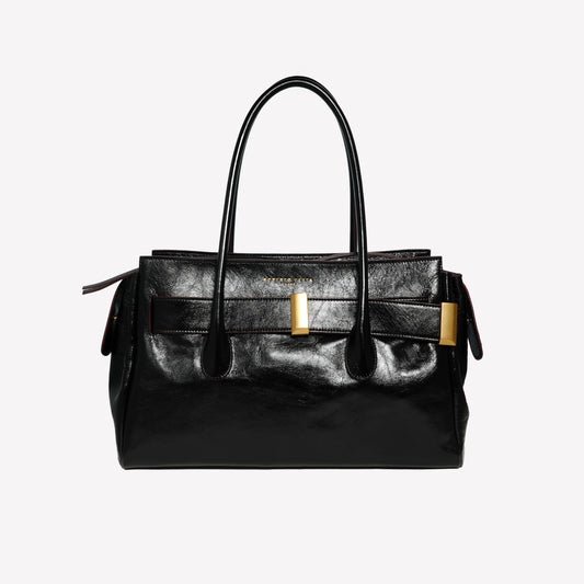 BORSA A SPALLA IN PELLE DI AGNELLO LUCIDO NERO CON ACCESSORIO ORO EMERALDA - Borse | Roberto Festa