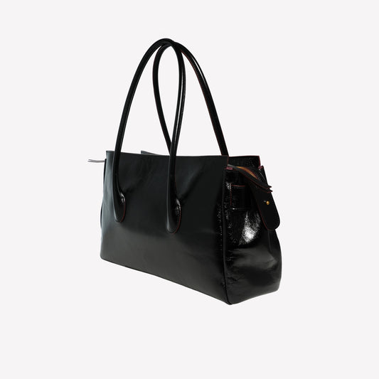 BORSA A SPALLA IN PELLE DI AGNELLO LUCIDO NERO CON ACCESSORIO ORO EMERALDA - Borse | Roberto Festa