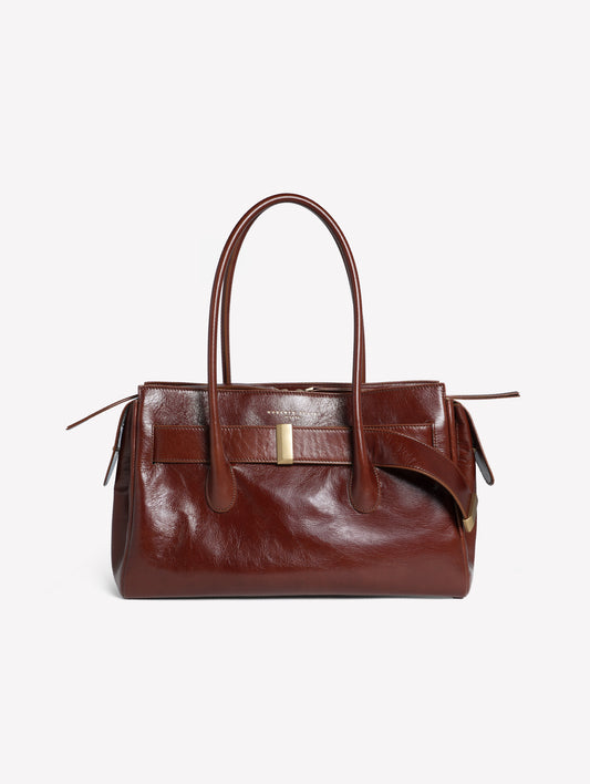 BORSA A SPALLA IN PELLE LUCIDA MARRONE CON CINTURA E ACCESSORI ORO EMERALDA - Borse | Roberto Festa