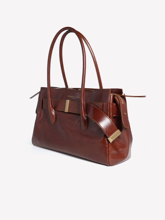 BORSA A SPALLA IN PELLE LUCIDA MARRONE CON CINTURA E ACCESSORI ORO EMERALDA - Marrone | Roberto Festa
