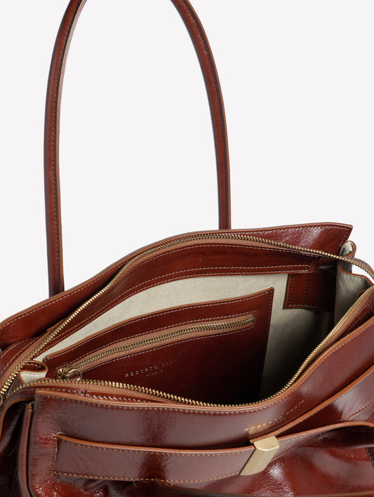 BORSA A SPALLA IN PELLE LUCIDA MARRONE CON CINTURA E ACCESSORI ORO EMERALDA - Marrone | Roberto Festa