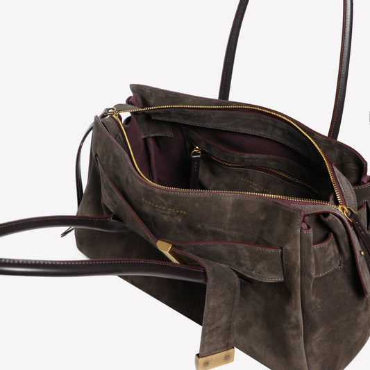 BORSA A SPALLA IN PELLE SCAMOSCIATA TESTA DI MORO CON ACCESSORIO OROEMERALDA - Marrone | Roberto Festa