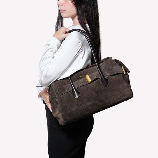 BORSA A SPALLA IN PELLE SCAMOSCIATA TESTA DI MORO CON ACCESSORIO OROEMERALDA - Marrone | Roberto Festa